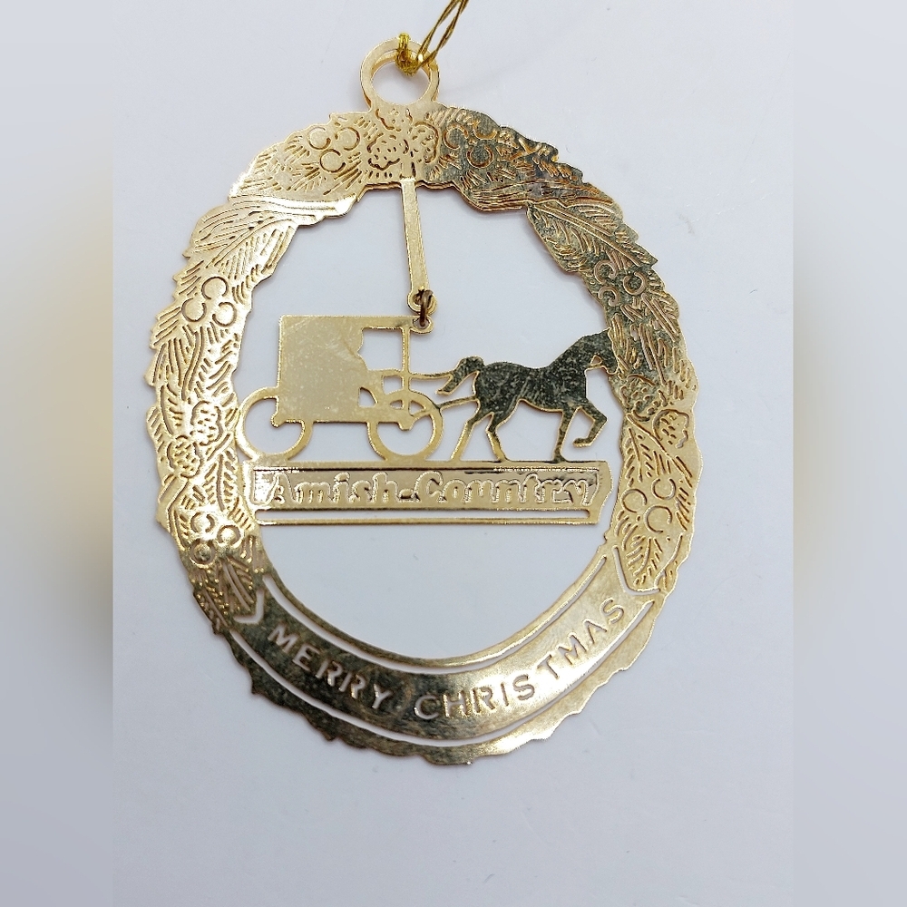 Vintage gold tone Amish‎ Country Merry Christmas Ornament